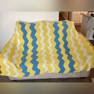 Vintage Handmade Crochet blanket, blue , yellow & white.  79 L x 57 1/2 …